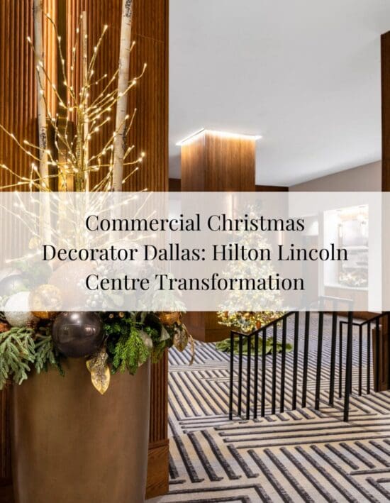 Blog preview for commercial Christmas decorator Dallas featuring an elegant, decorated tree in the Hilton Lincoln Centre lobby.