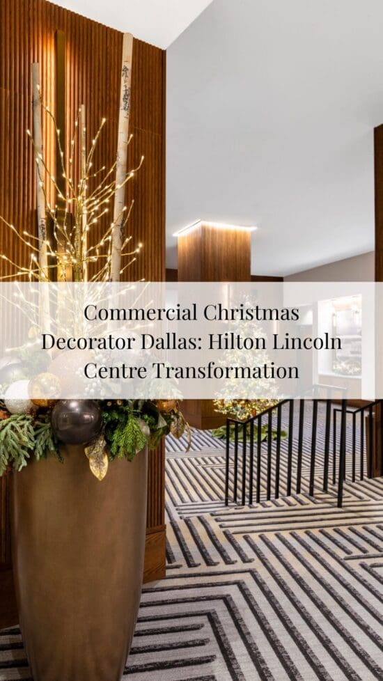 Blog preview for commercial Christmas decorator Dallas featuring an elegant, decorated tree in the Hilton Lincoln Centre lobby.
